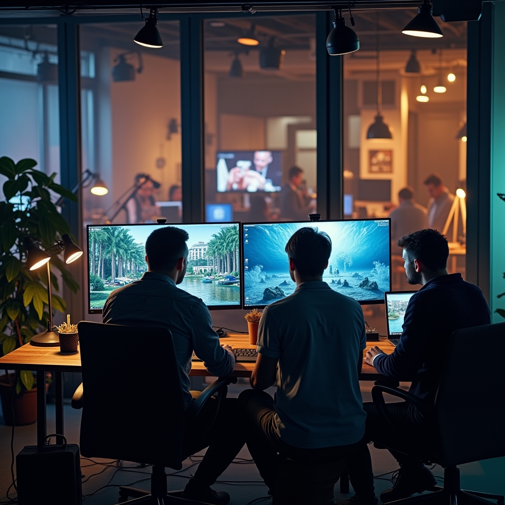 unlocking - a creative team collaborating in a modern studio, using advanced AI tools on their computers to refine video cont