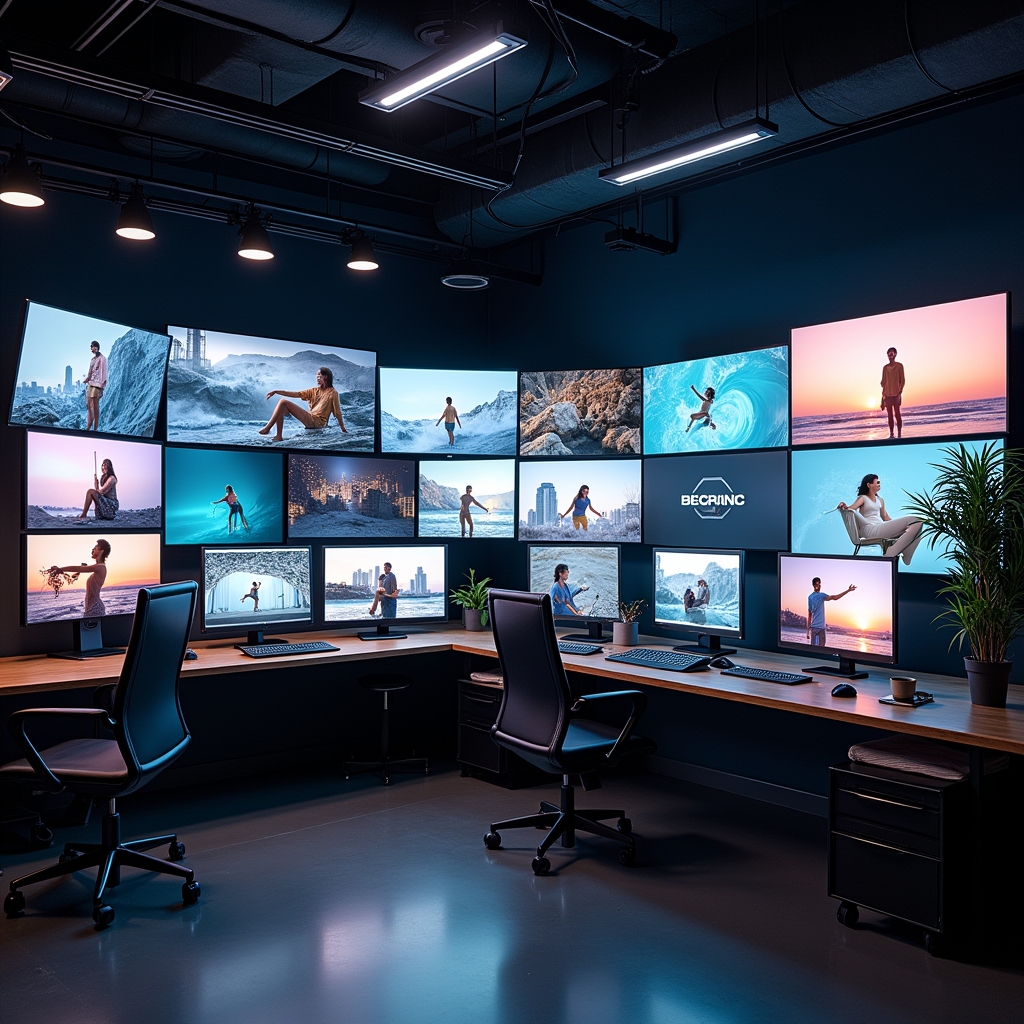 a bustling creative studio with multiple screens displaying dynamic, AI-generated videos, showcasing diverse, captivating brand stories in a high-tech, modern environment