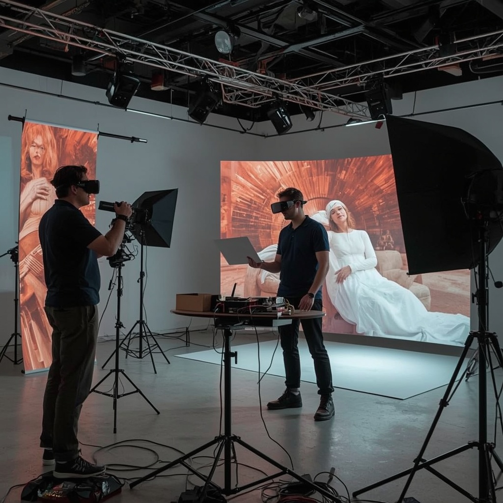 revolutionize - a visionary representation of a virtual reality video production set, with filmmakers using advanced virtual
