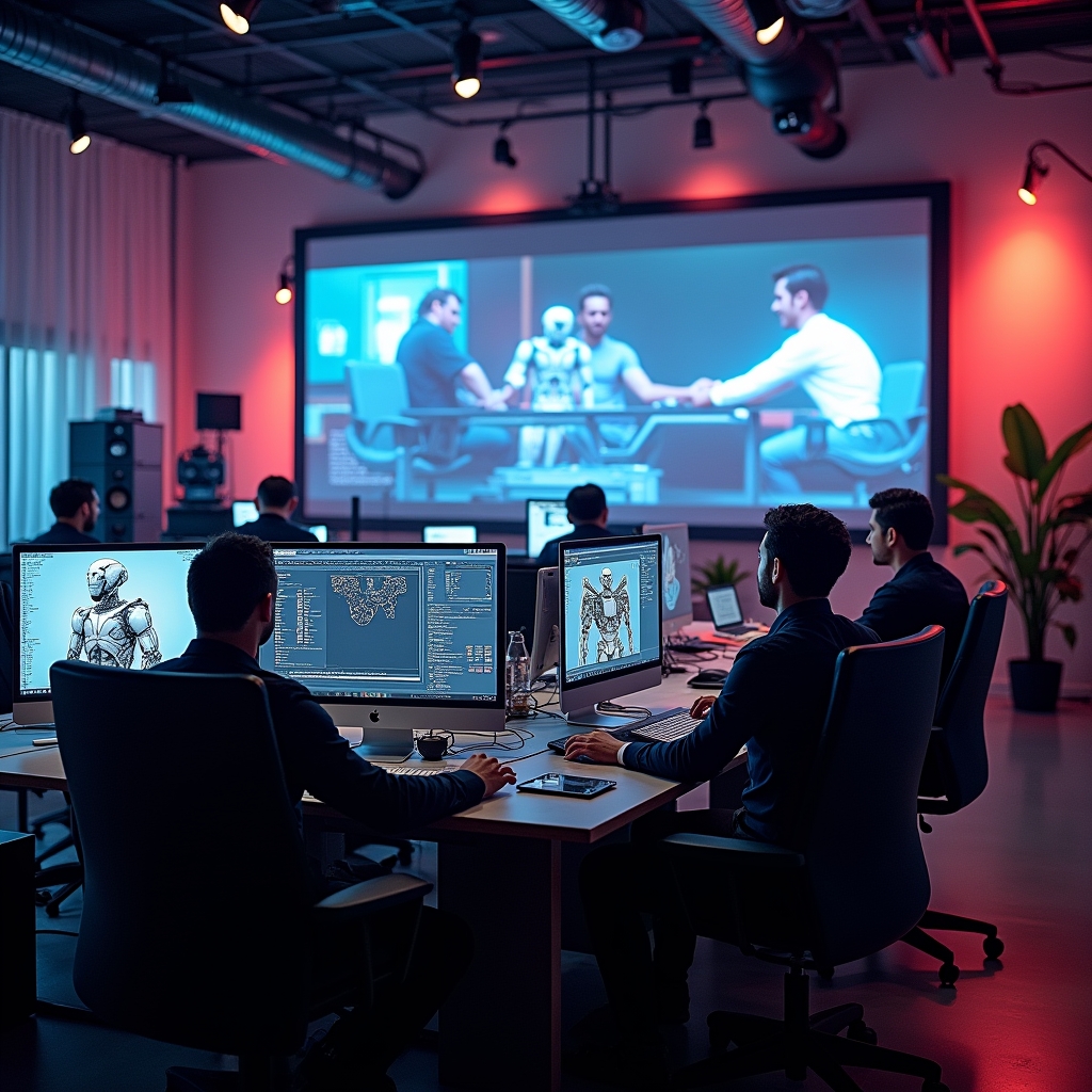 Dynamic video production studio with advanced AI technology, screens displaying AI-generated content, creative professionals using futuristic interfaces, high-tech ambiance with ambient lighting