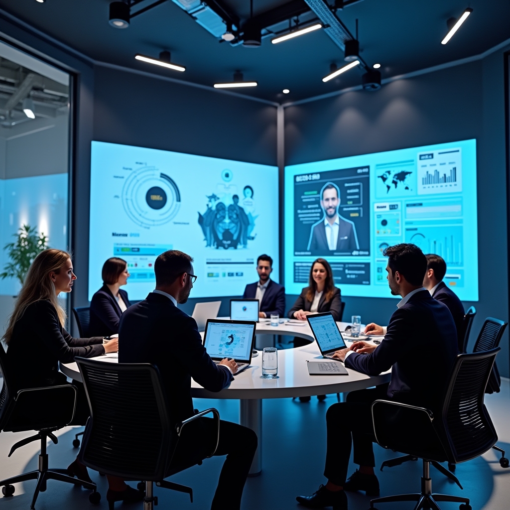 revolutionizing - Futuristic marketing meeting in 2026, professionals discussing AI video strategies, large digital screens s