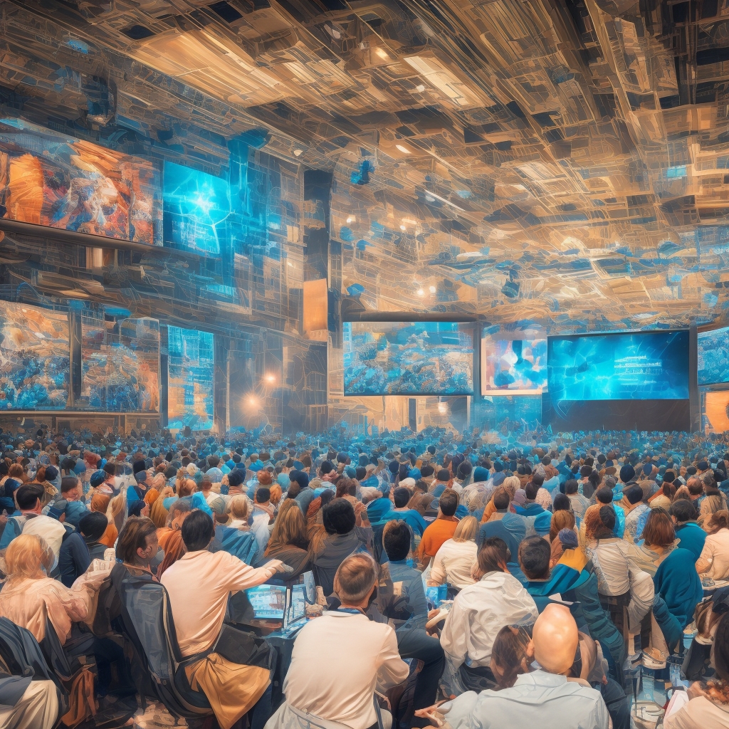 a vibrant digital marketing conference in 2026, showcasing a large screen displaying revolutionary AI video technologies, audience engaged with futuristic gadgets, bright lighting, and a modern, tech-inspired decor