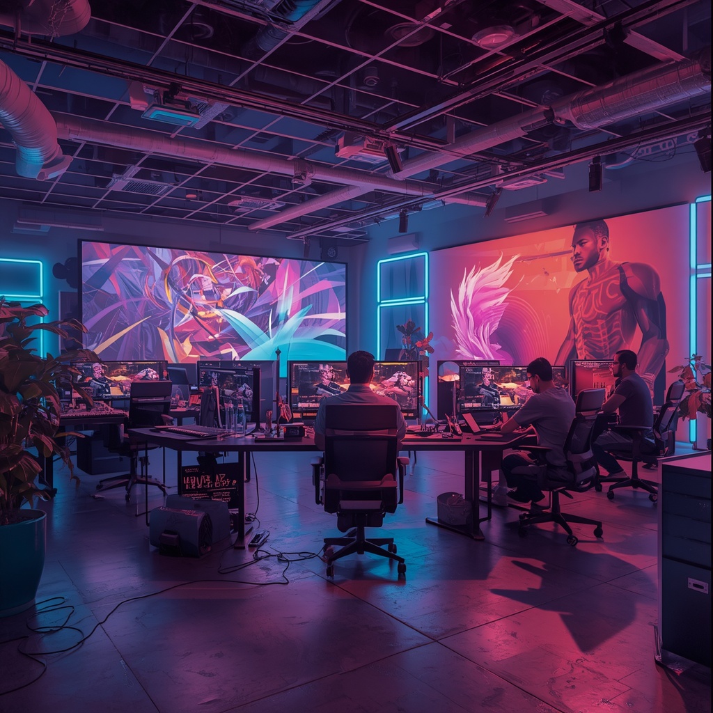 unlocking - an AI-powered creative studio in 2026, with designers and AI systems collaboratively creating vibrant, innovative
