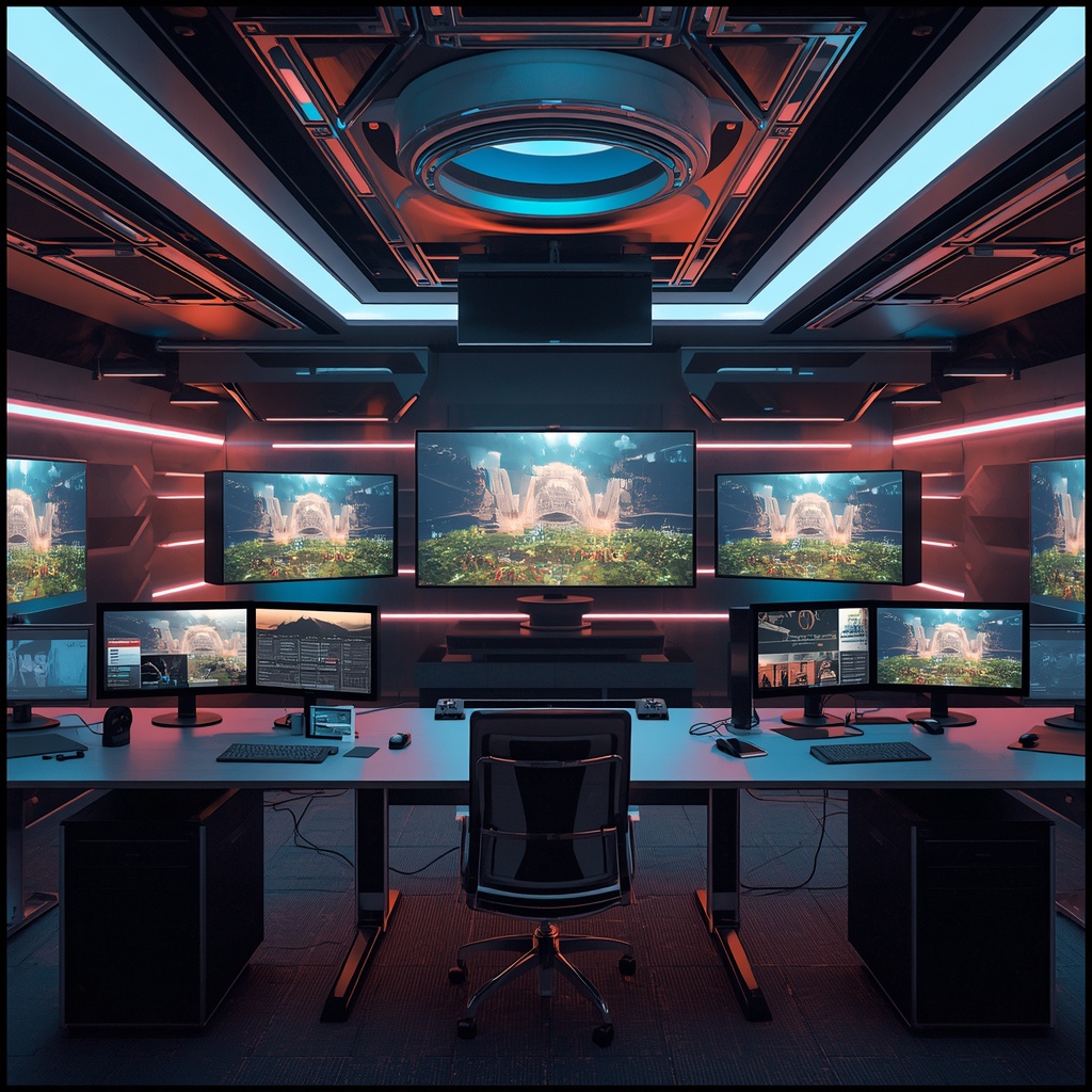 unlocking - futuristic AI video editing suite in 2026, featuring advanced editing software, multiple large screens displaying