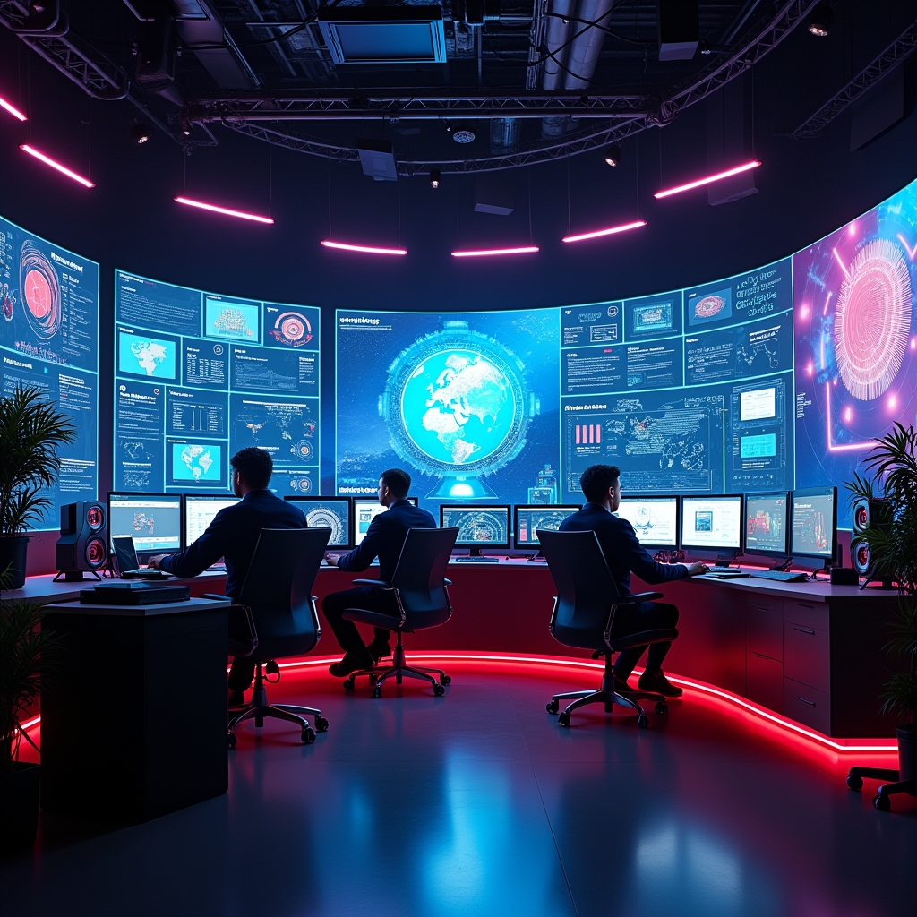 a high-tech video production studio filled with advanced AI technology, showcasing large screens displaying 3D models and analytics, vibrant LED lights, and creative professionals working on futuristic interfaces, modern and sleek design, dynamic and innovative atmosphere