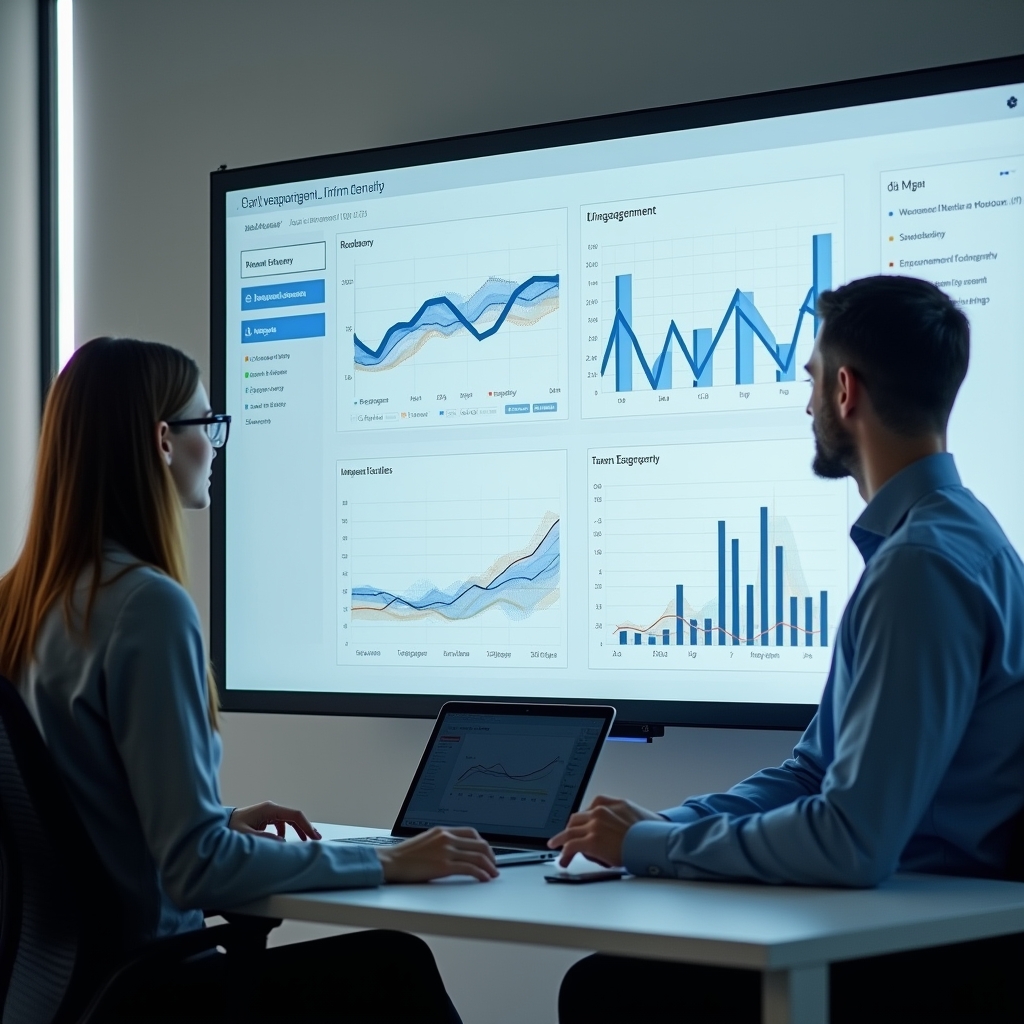 revolutionizing - an interactive AI dashboard displaying real-time data analytics with graphs and engagement metrics, used by