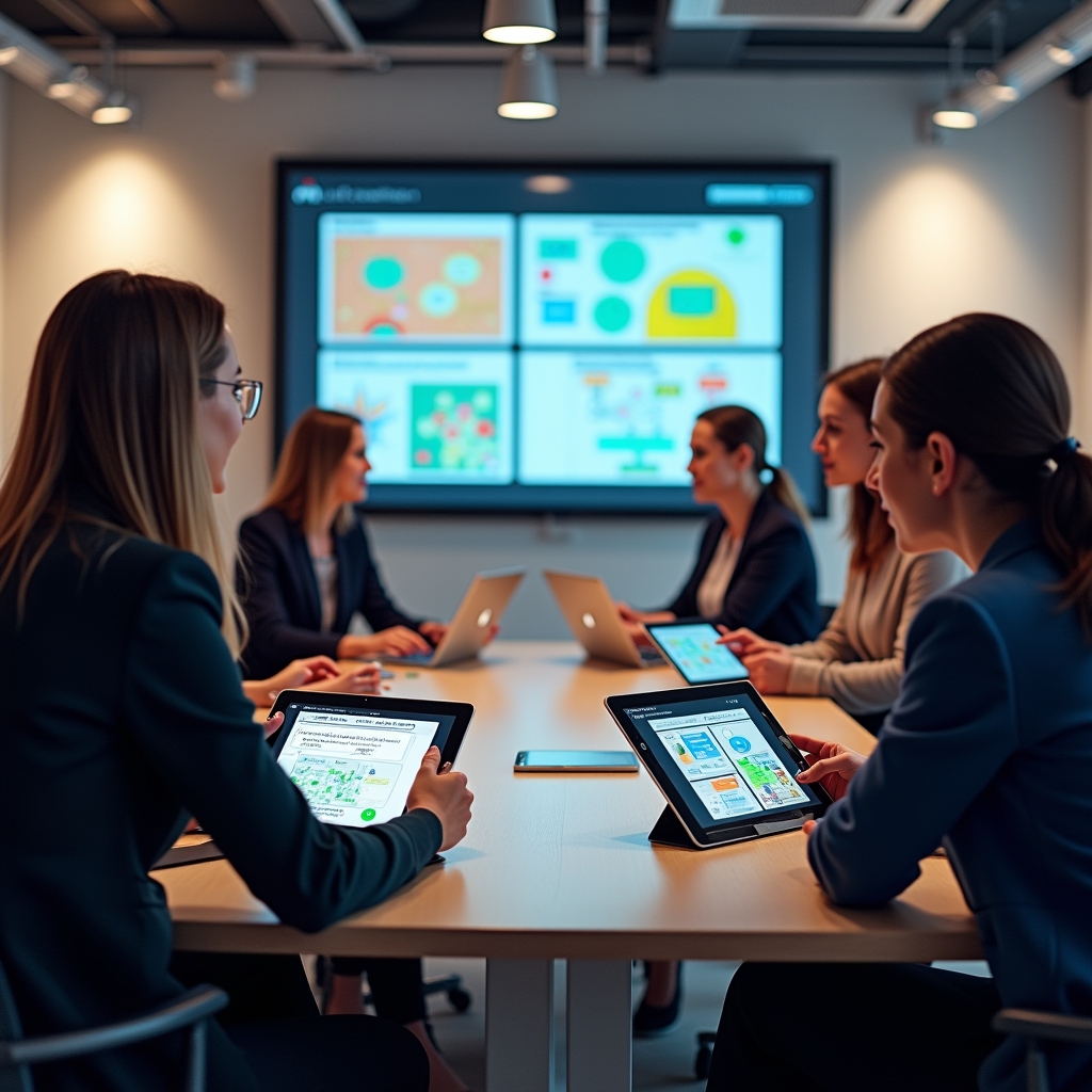 revolutionizing - a creative meeting in a modern office where professionals use AI-enhanced storyboarding software on digital