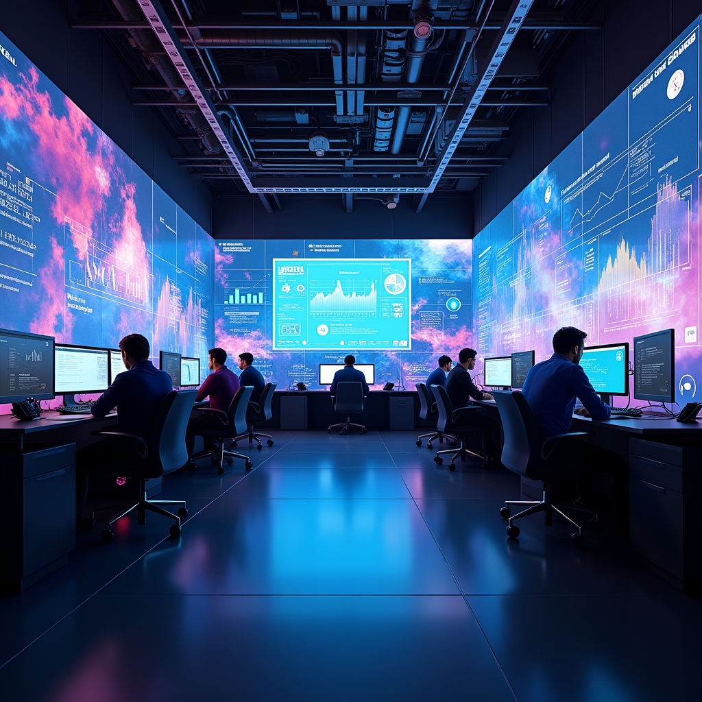 futuristic digital marketing office with large screens displaying data analytics and video content, vibrant colors, high-tech environment, people analyzing data, ultra realistic, 8k quality