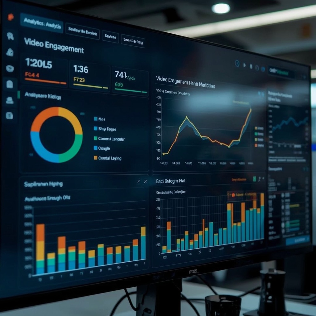 unlocking - detailed analytics dashboard showing video engagement metrics, colorful graphs and charts, modern user interface,