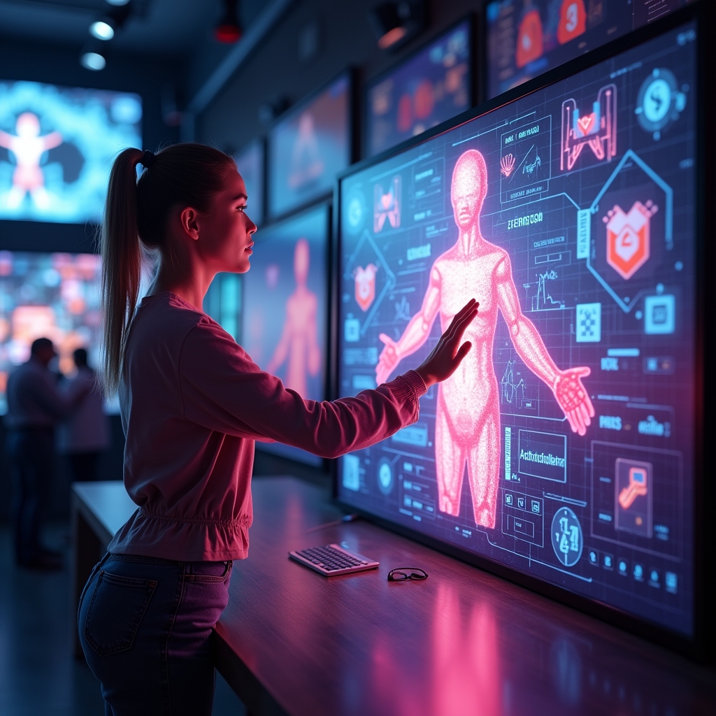 unlocking - AI-generated virtual influencer interacting with fans on social media, futuristic digital studio, interactive scr