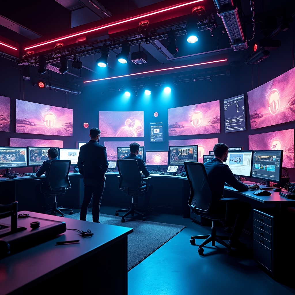 A high-tech video production studio filled with advanced AI-driven equipment, large monitors displaying AI software, professionals using AI tools for video editing, modern and sleek design, vibrant lighting