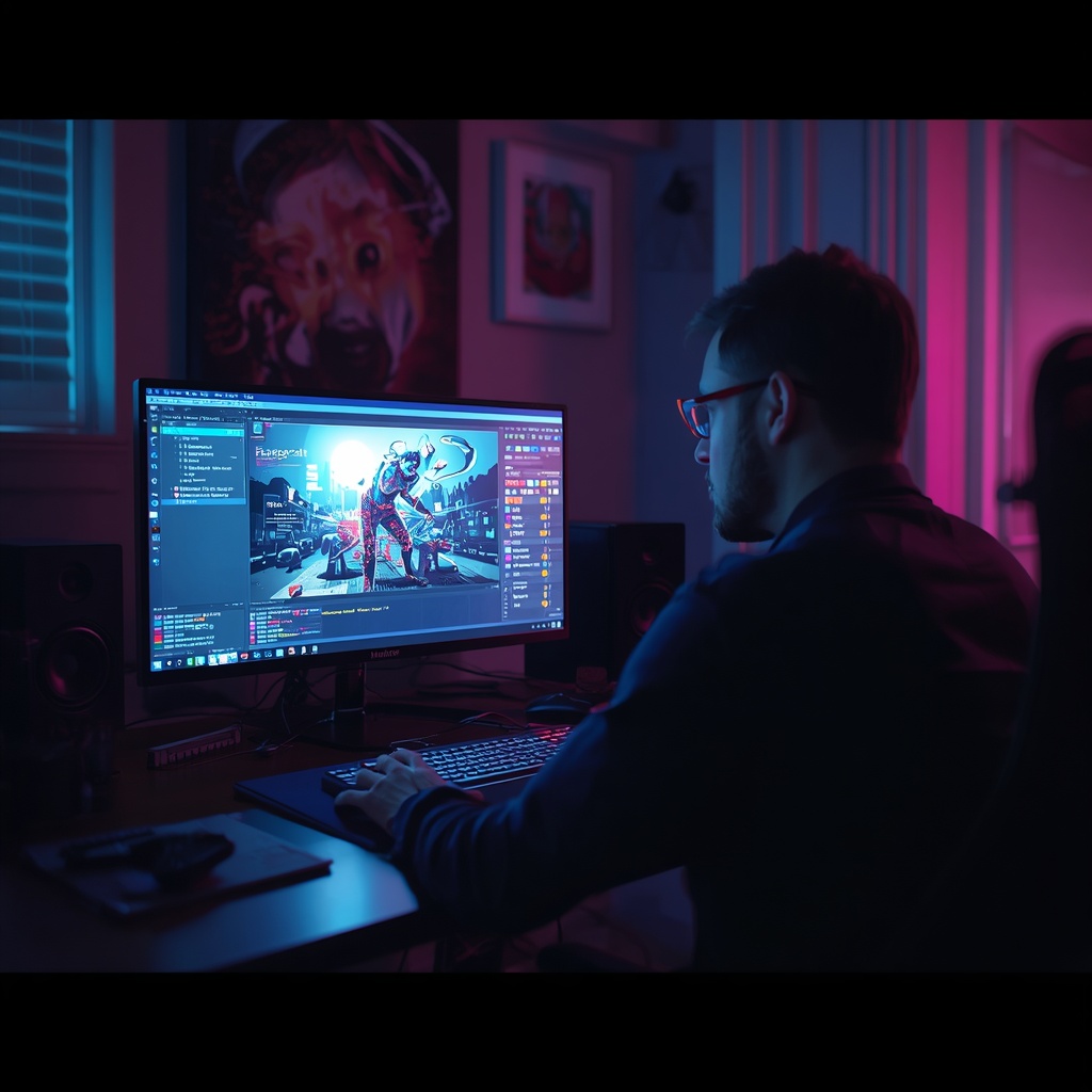 unlocking - An animator using AI video generation software on a computer, displaying layers of animation and effects, in a da