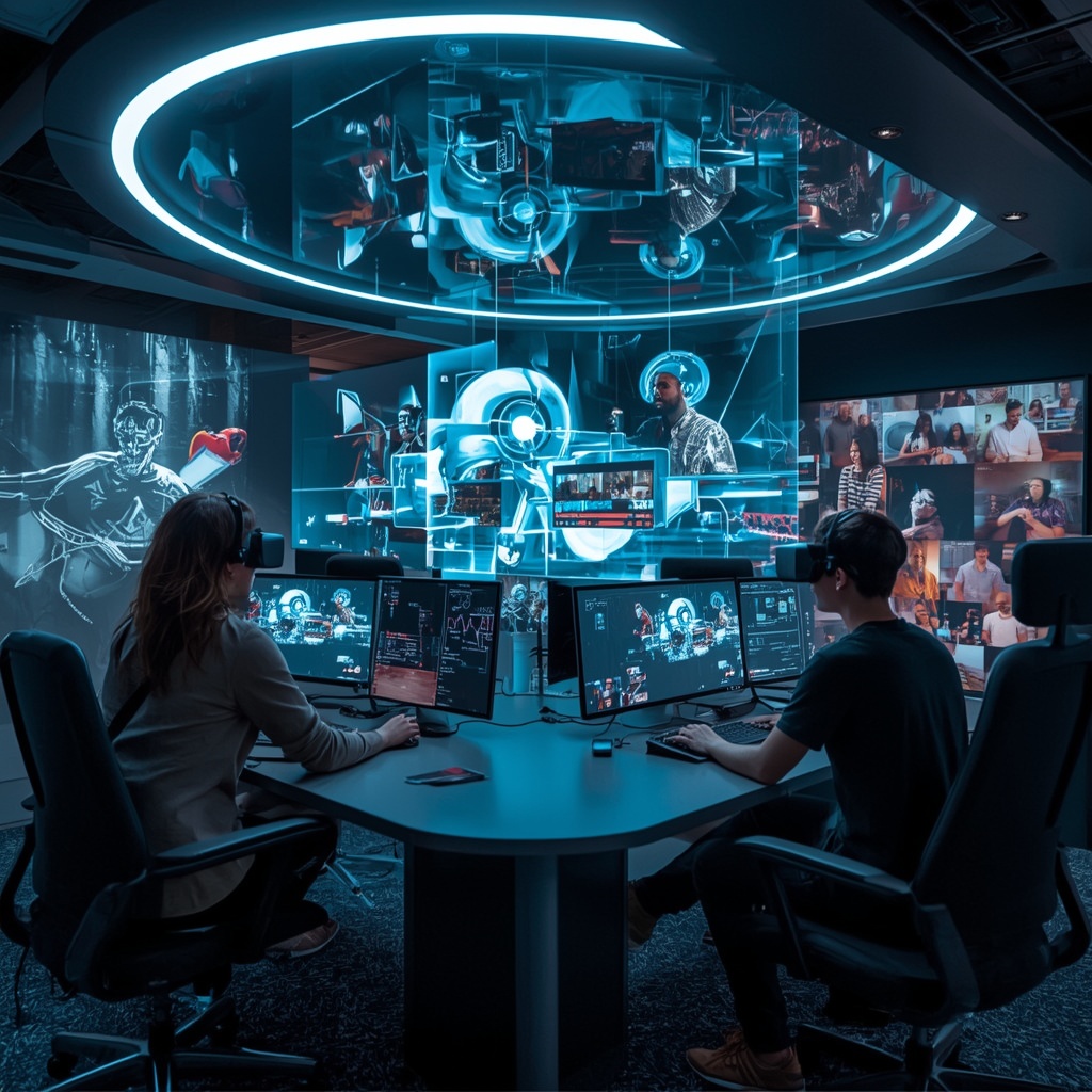 unlocking - A futuristic depiction of a video editing suite in 2026, featuring holographic displays and virtual reality inter