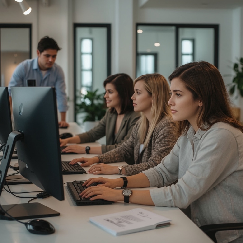 A vibrant digital marketing team using Cineocean AI on computers to generate personalized video content, showing diverse demographics, engaging with the software in a modern, brightly lit office