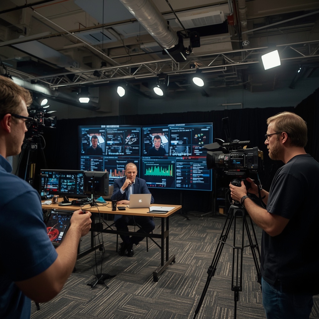 unlocking - Behind-the-scenes view of a production set where AI tools are integrated, showing crew members interacting with A