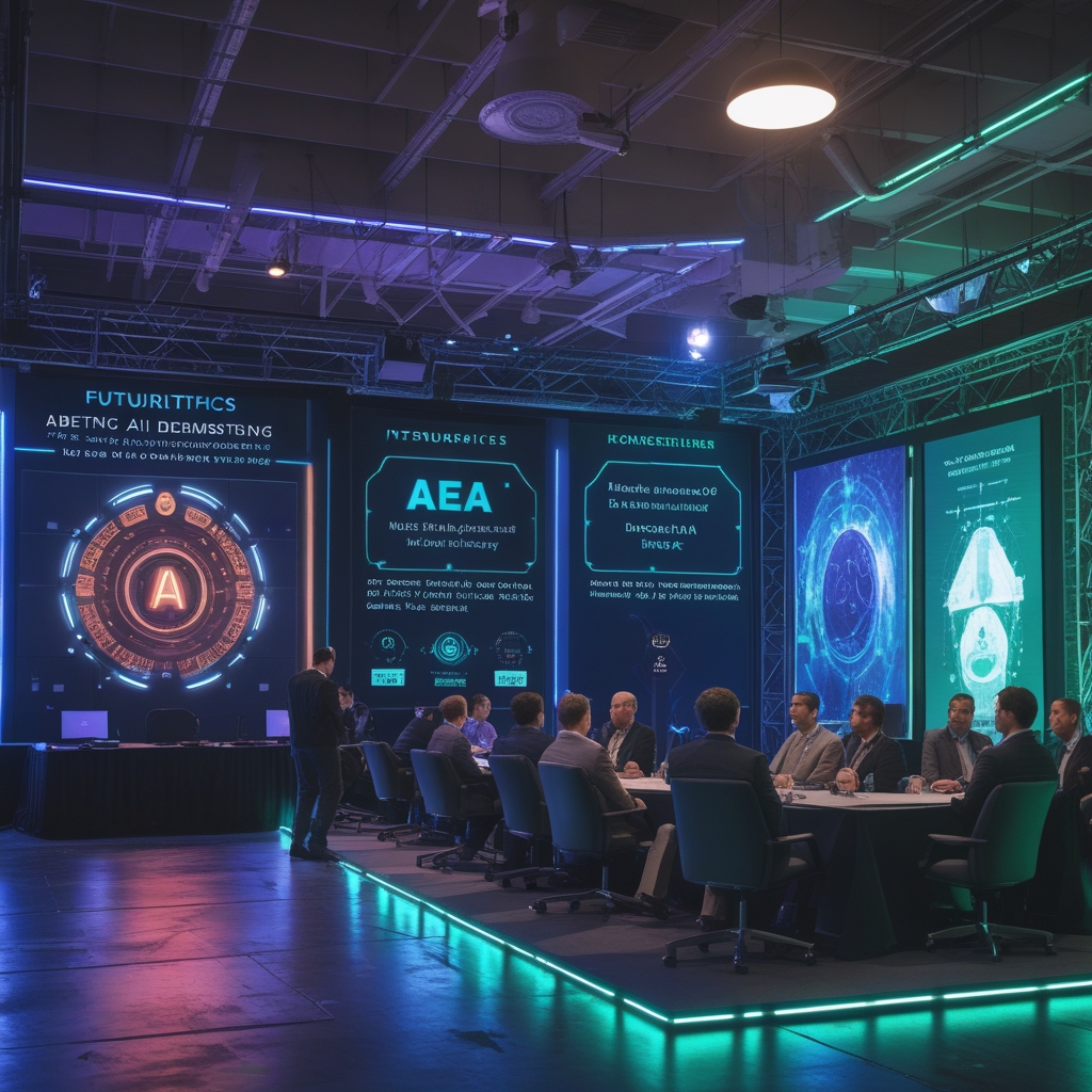 unlocking - Futuristic AI ethics conference, attendees engaging with interactive AI demonstrations, discussions about data pr