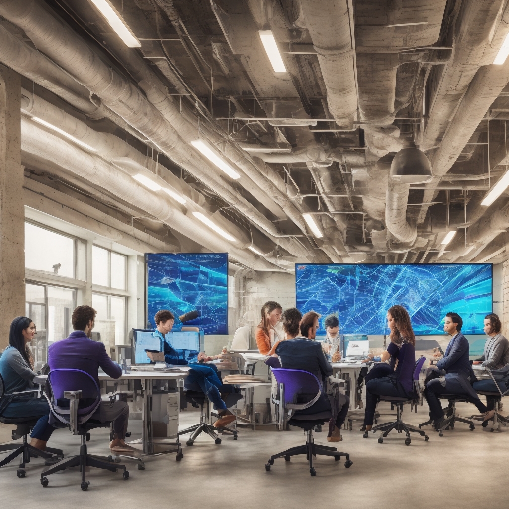 A digital marketing team brainstorming in a modern office, using large screens displaying AI video analytics; vibrant colors, a futuristic yet practical setting