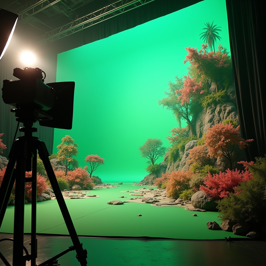 revolutionizing - Behind the scenes of a video shoot enhanced with AI visual effects; showing a green screen setup transformi