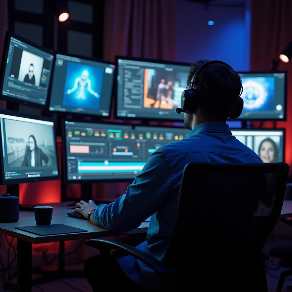 revolutionizing - An editor using advanced AI tools for real-time video editing during a live event; focused, high-tech envir