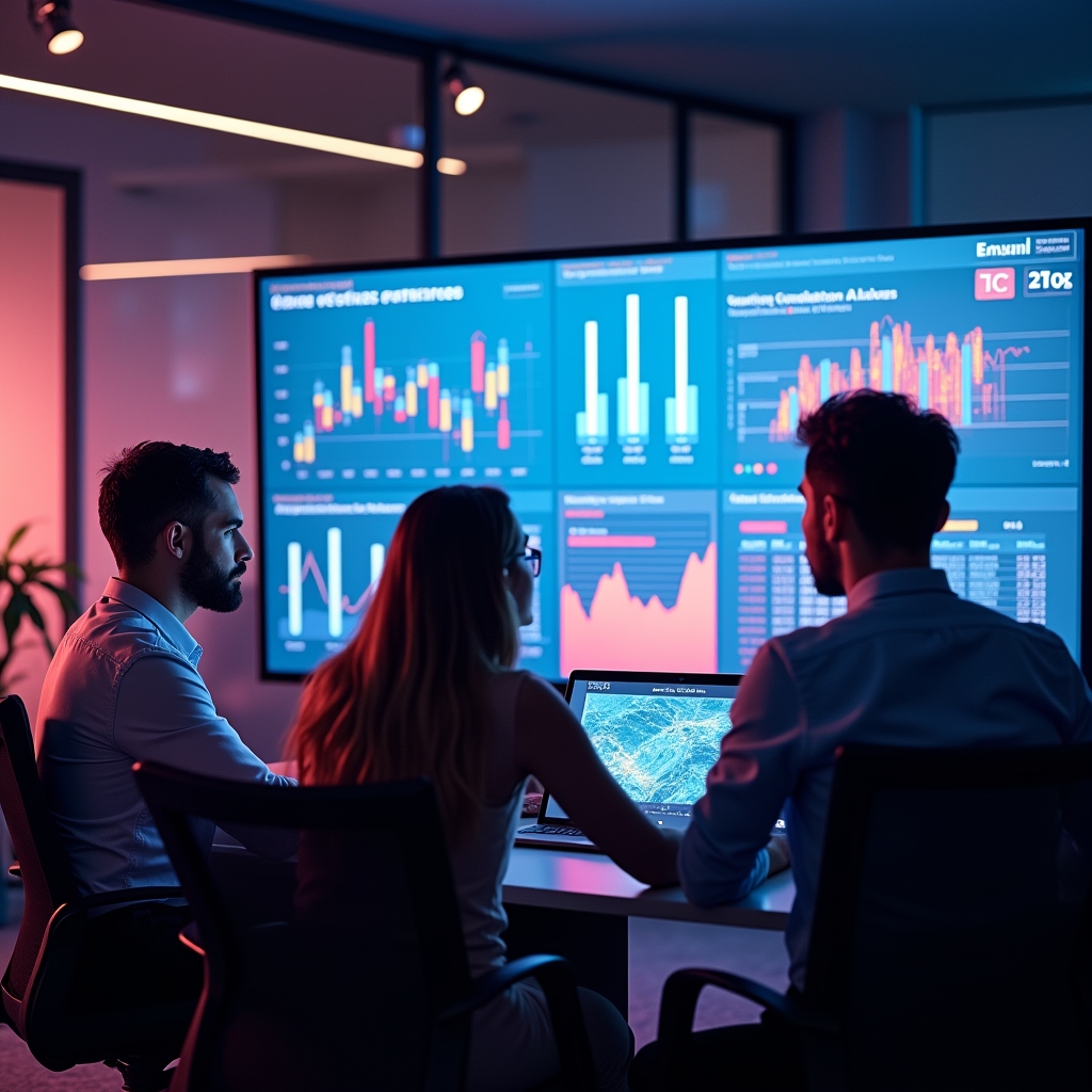 A marketing team reviewing analytics on a large digital screen displaying data about viewer preferences and behaviors, modern office environment, vibrant color palette, highly detailed, photorealistic