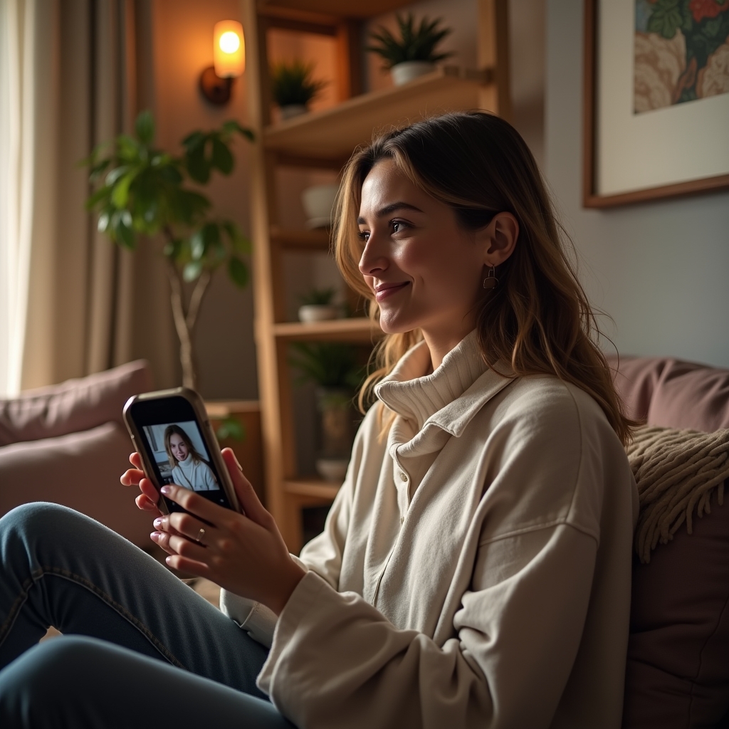 revolutionizing - An influencer filming a personalized greeting for their followers, cozy home setting with modern decor, sof