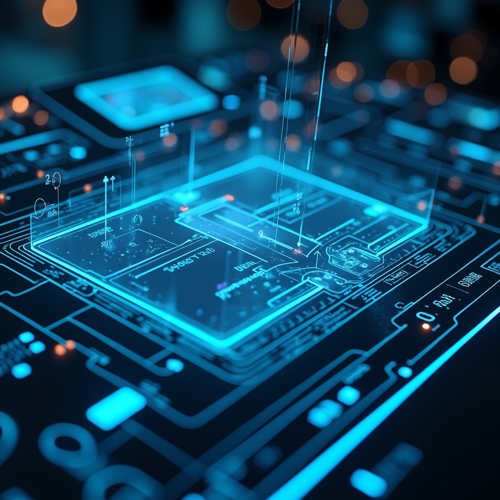 revolutionizing - Futuristic AI technology interface with holographic elements showing video editing tools, sleek and modern