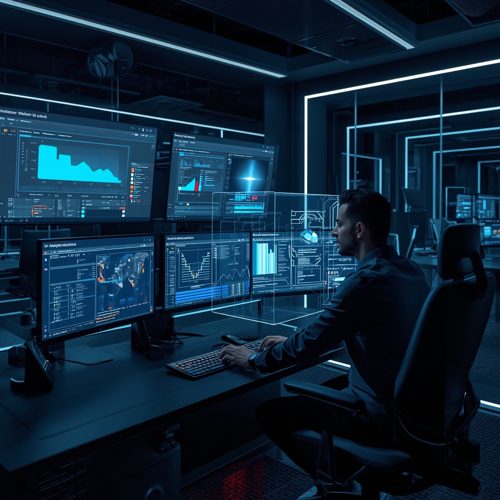 A futuristic video editing suite with multiple screens displaying AI tools and graphs, a creative professional interacting with 3D holographic interfaces, modern, sleek design with ambient blue lighting, high-tech atmosphere, 8k quality
