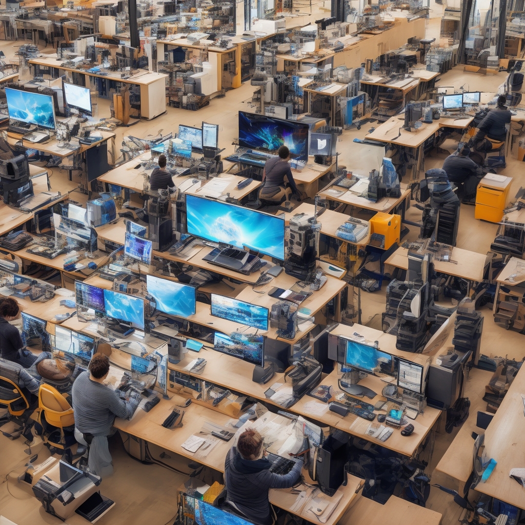 A busy creative studio with multiple screens displaying AI video production software, editors using advanced tools to enhance video quality, vibrant colors, a modern, high-tech environment, futuristic