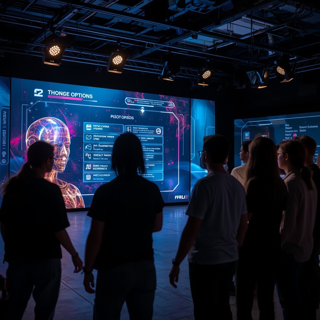 unlocking - An interactive AI video production set showing viewers choosing plot options via a futuristic interface, vibrant