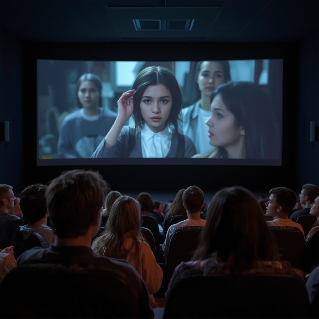 unlocking - cinematic screening room showing an AI-generated film, audience immersed in an emotionally charged scene, dimly l
