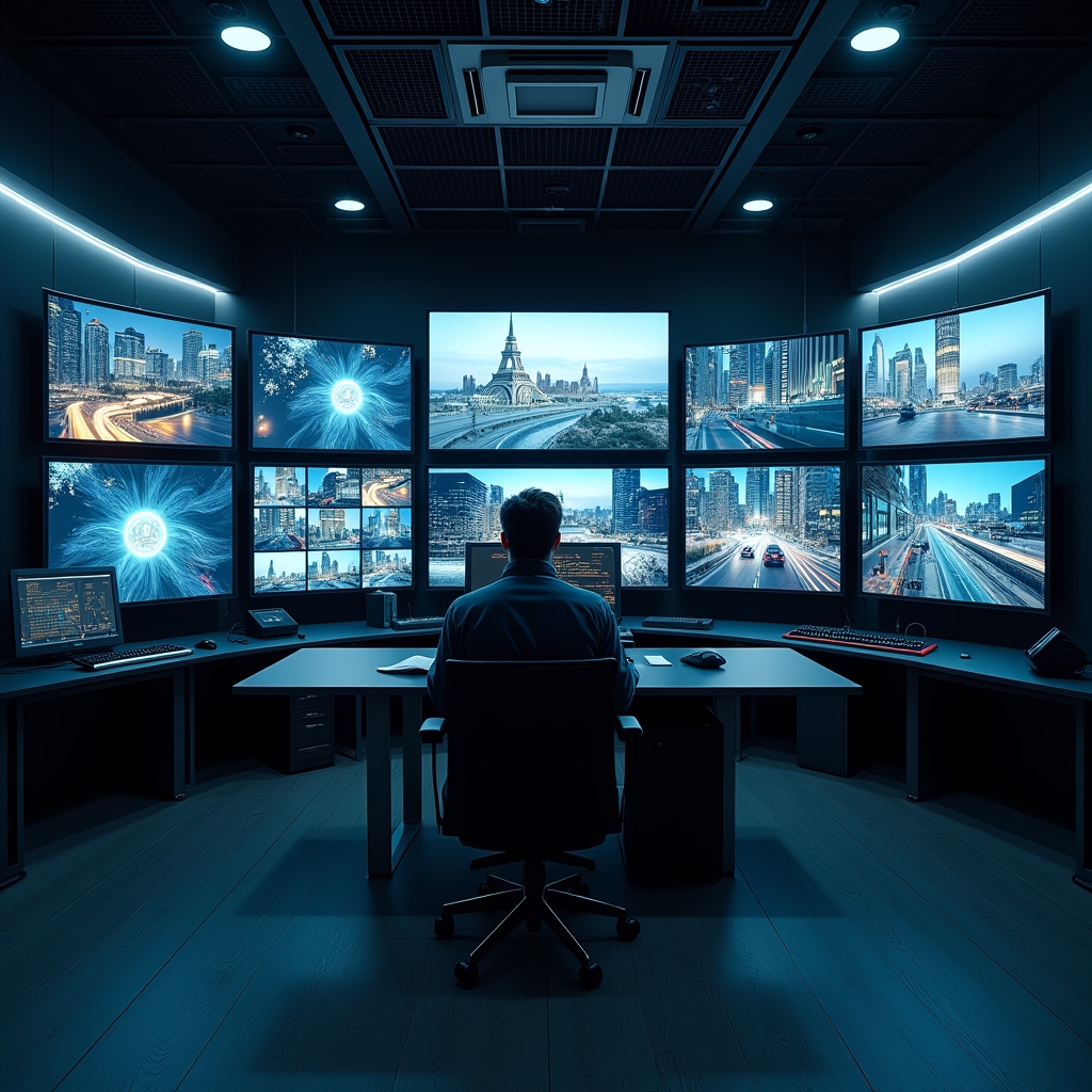 highly detailed 8k quality video editing suite with multiple screens displaying AI video generation tools, modern sleek design, futuristic atmosphere