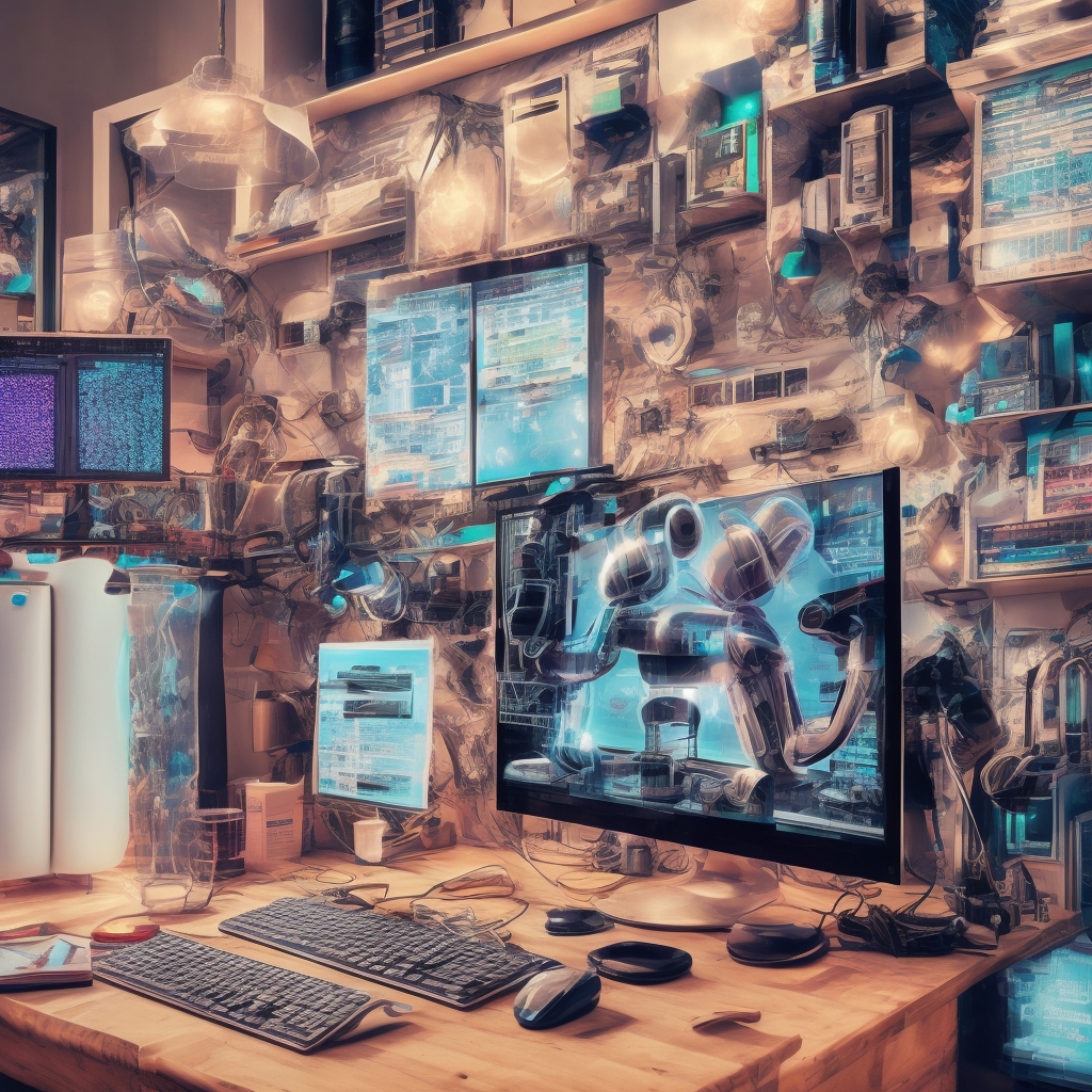 unlock - influencer reviewing generative AI tools on a computer, vibrant and modern home studio environment, engaging and col