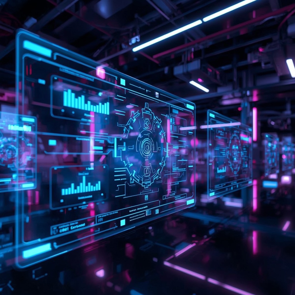 unlock - futuristic AI technology interface with 3D holographic displays showing data analytics, vibrant blue and purple neon