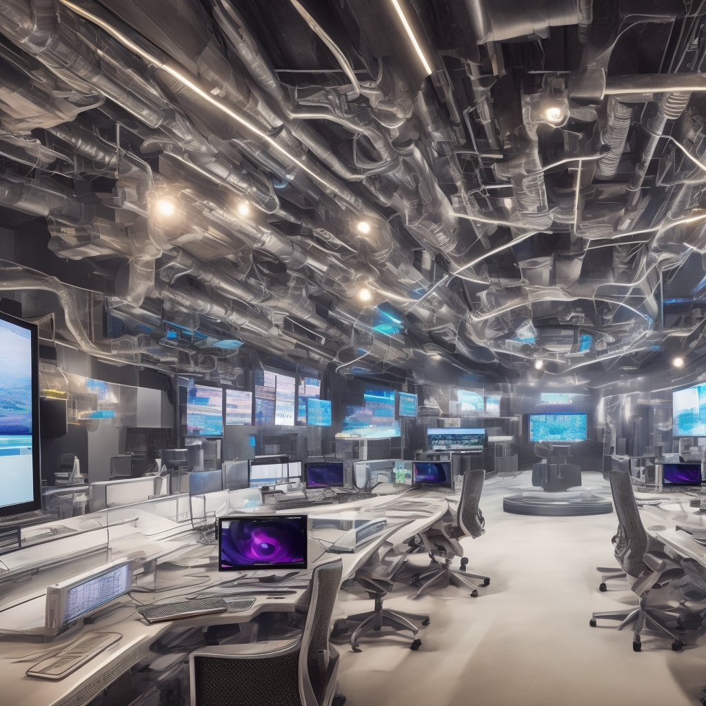 futuristic video editing suite with multiple screens displaying AI tools, vibrant color grading, and dynamic video feeds, showcasing advanced technology in a sleek, modern office environment