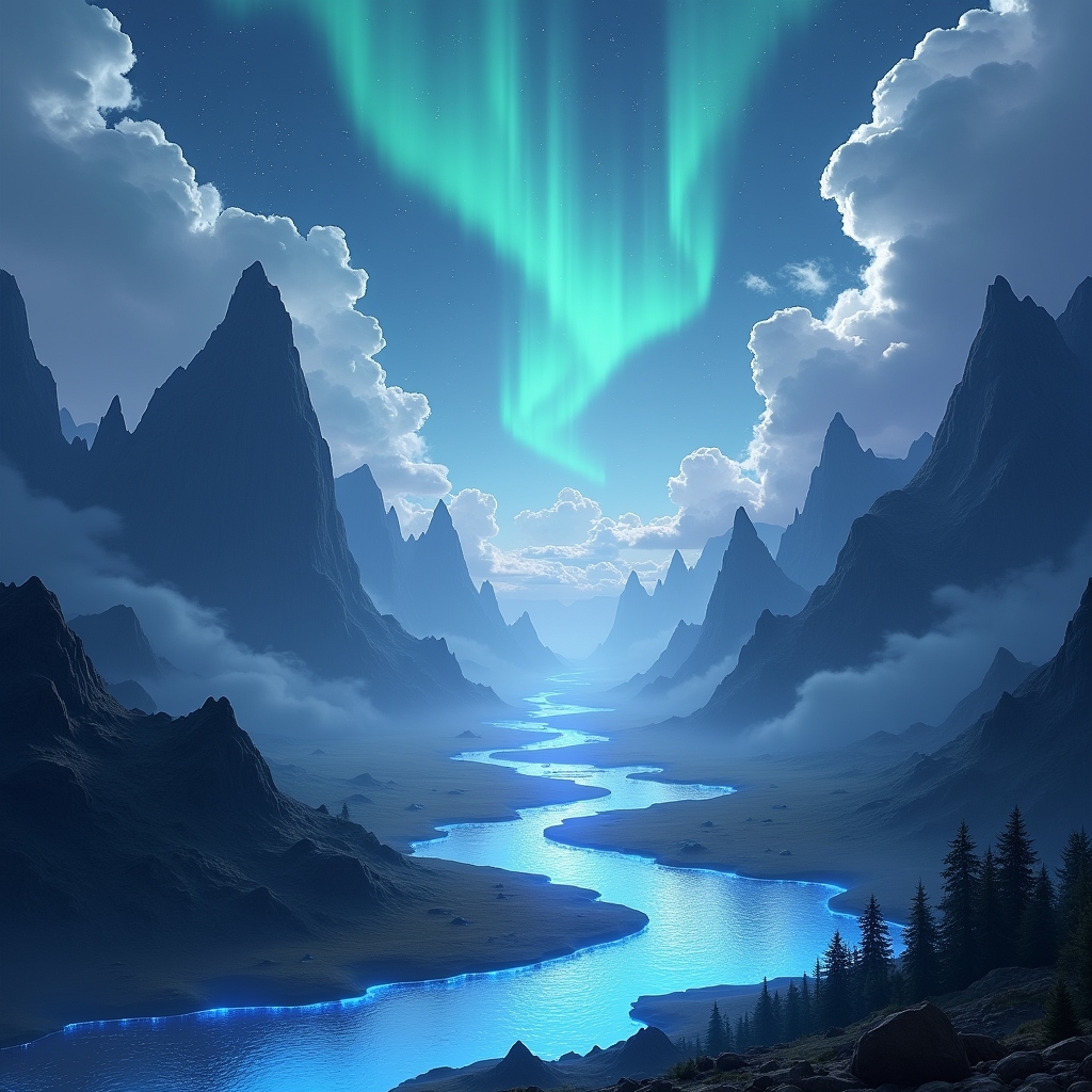 revolutionizing - AI-generated fantasy landscape with towering mountains, a glowing river, and a sky filled with auroras, sho