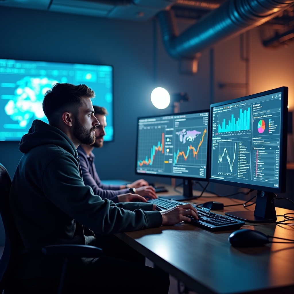 revolutionizing - high-tech video production team using AI software on computers in a modern studio, analyzing data and optim