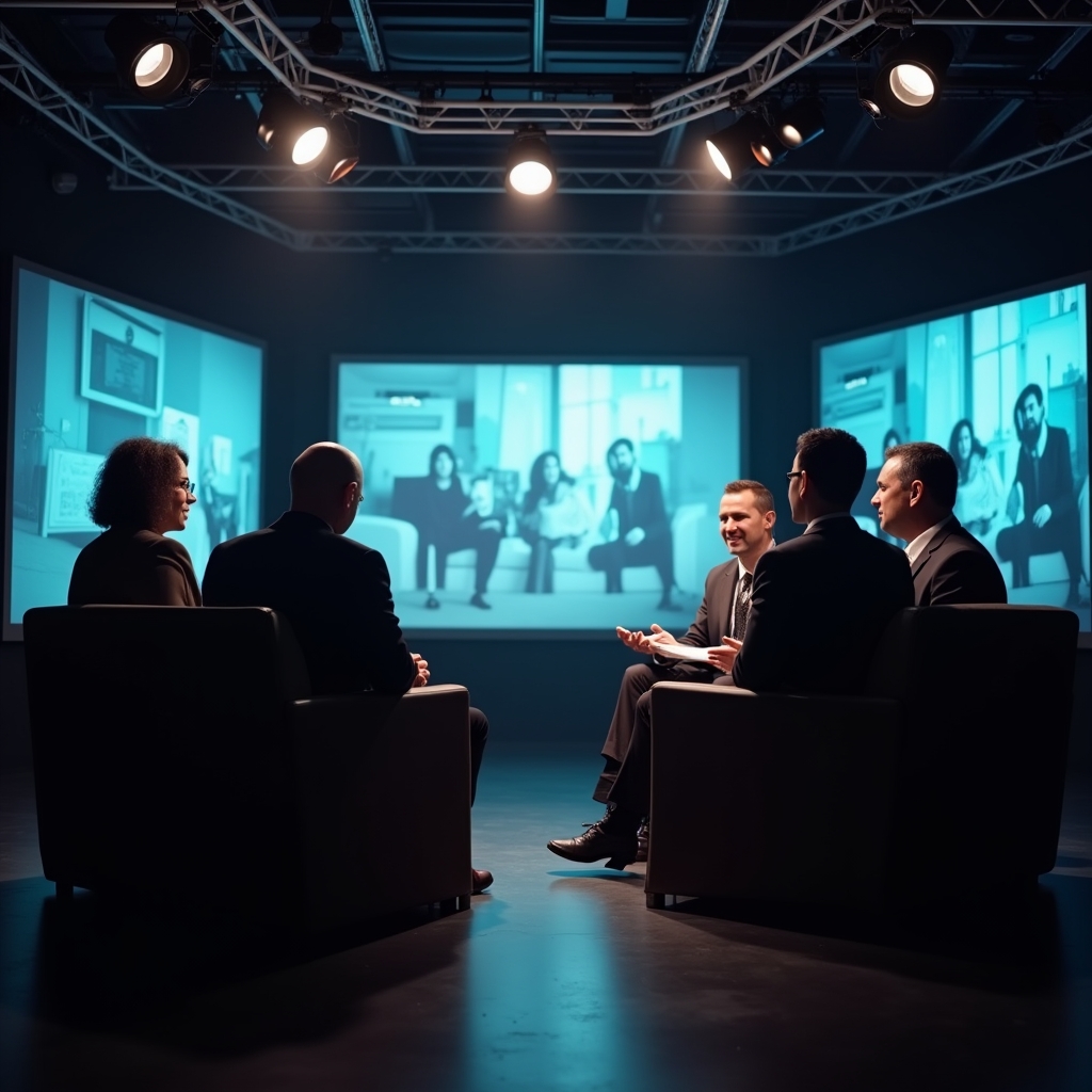 revolutionizing - ethical discussion in a film studio, featuring diverse filmmakers engaging in a serious conversation, moder