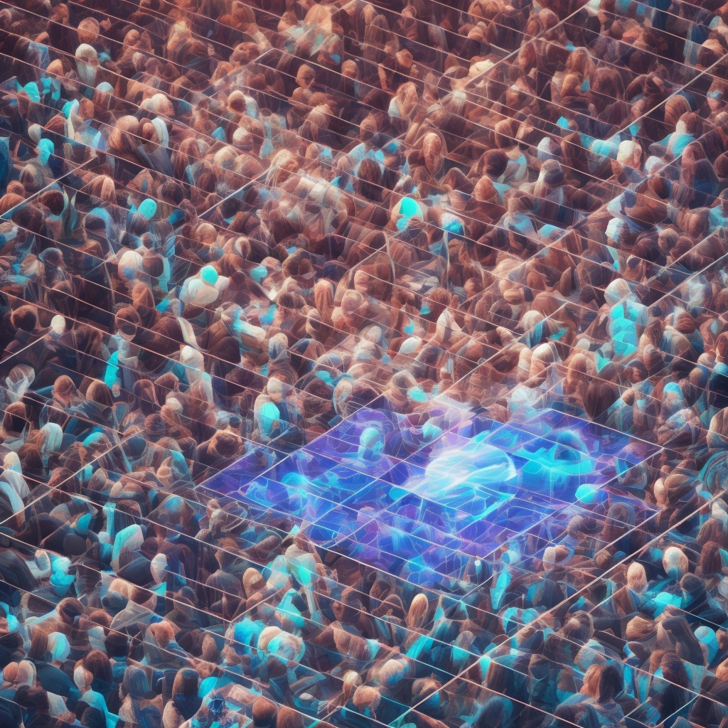 A vibrant digital marketing conference in 2026, showcasing a large screen displaying cutting-edge AI video technology by Cineocean AI, with a diverse audience of marketers and creatives engaged in watching the demonstration, reflecting a futuristic and technologically advanced atmosphere