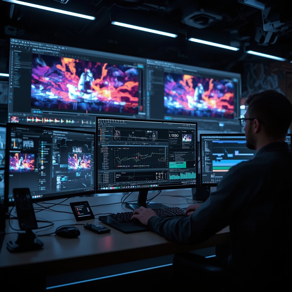 Futuristic AI interface displaying video editing tools with vivid colors and dynamic visual effects, high-tech studio environment, multiple screens showing advanced AI algorithms at work, modern and sleek