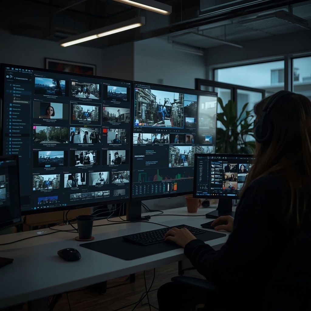 revolutionizing - An AI-powered editing suite in 2026, featuring multiple screens displaying various stages of automated vide
