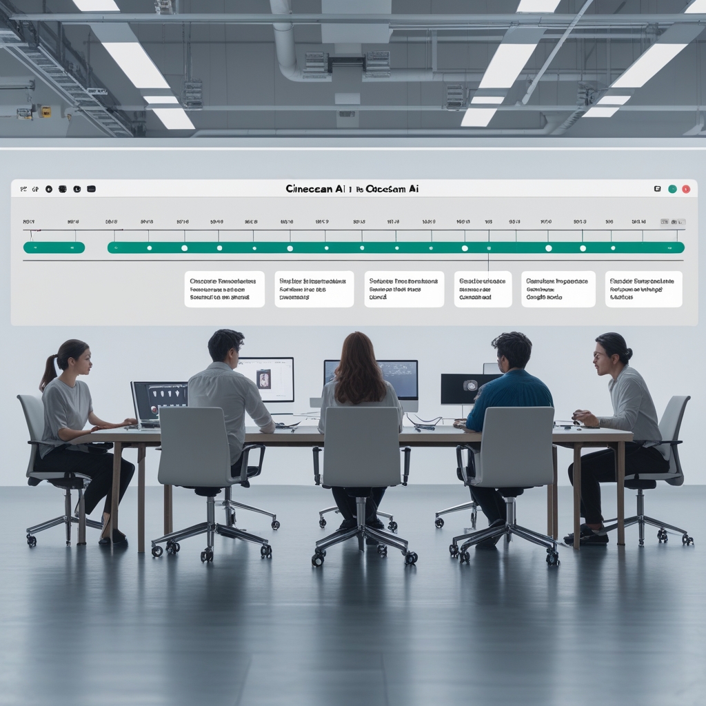 revolutionizing - Efficient video production workflow using Cineocean AI, showing a timeline with automated processes, team m