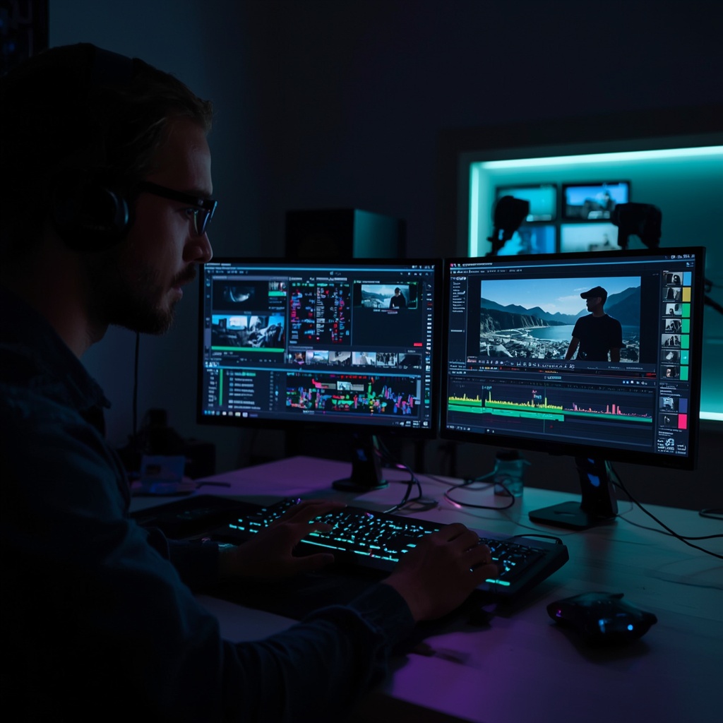 A filmmaker using a futuristic AI interface to edit and generate video content, showcasing advanced tools with a sleek, modern design, vibrant colors of blue and green, in a dimly lit studio environment