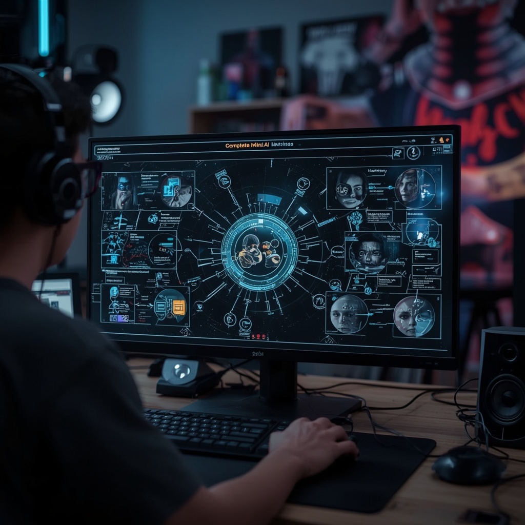 revolutionizing - Futuristic AI technology interface in 2026, showing advanced generative AI tools crafting a complete narrat