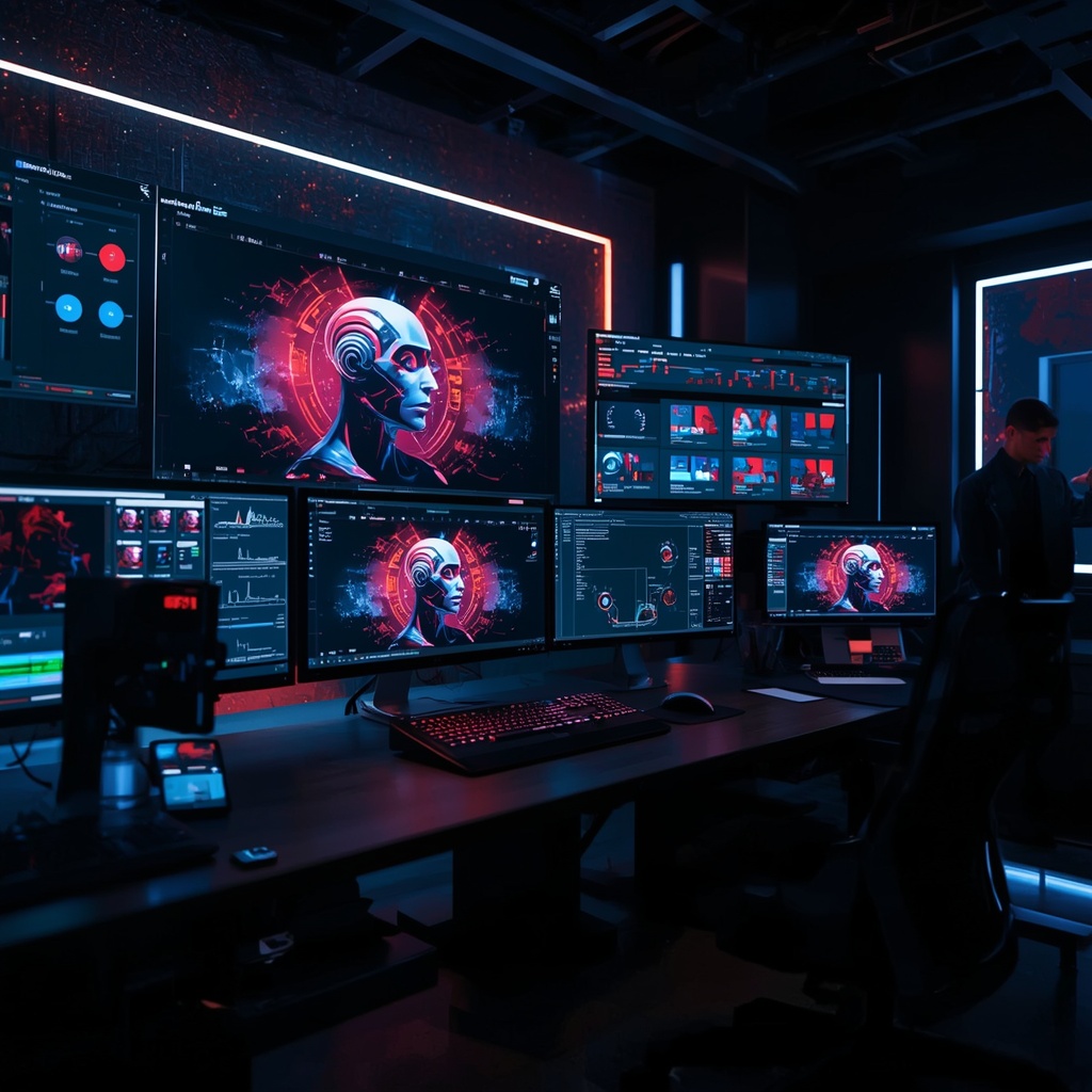 revolutionizing - Futuristic video editing suite with multiple screens displaying advanced AI tools, vibrant interface elemen