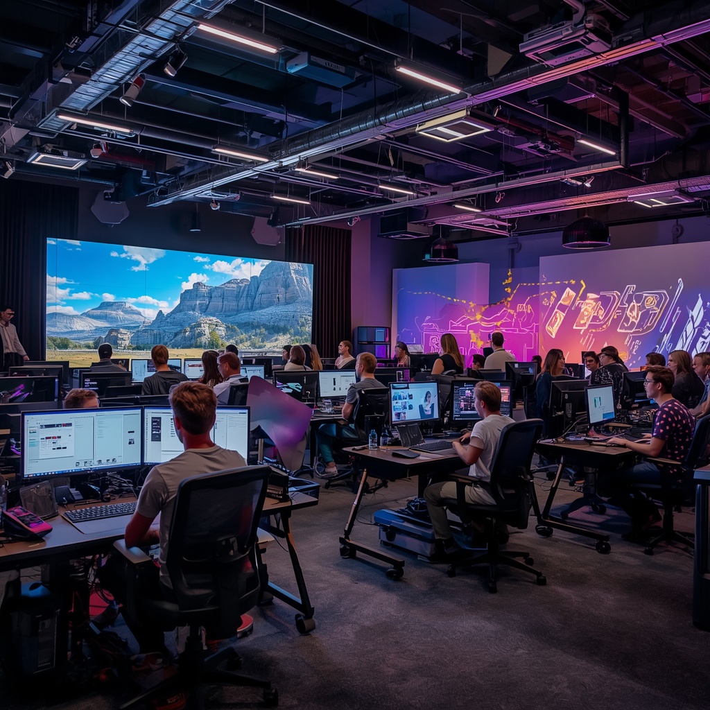 A bustling creative studio in 2026, with large screens displaying AI-generated video content, artists and developers collaborating over advanced interfaces, vibrant colors, modern technology, a dynamic and innovative atmosphere