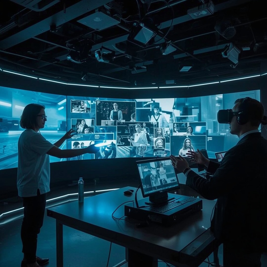 revolutionizing - Futuristic video production studio in 2026, featuring holographic displays and virtual reality interfaces,
