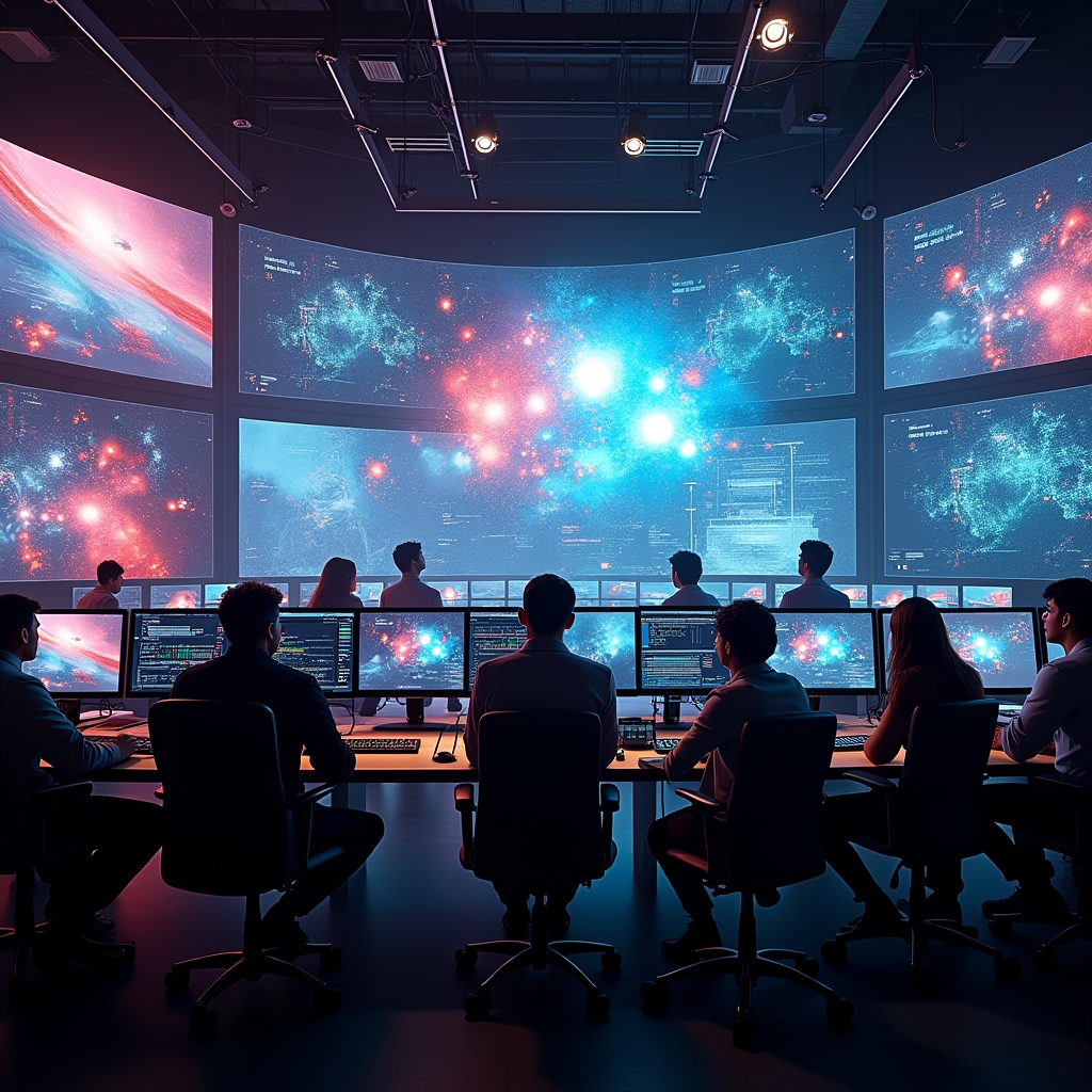 a futuristic AI video generation studio with multiple screens displaying advanced algorithms, vibrant graphics, and a diverse team of creators brainstorming, high-tech, modern, and dynamic atmosphere