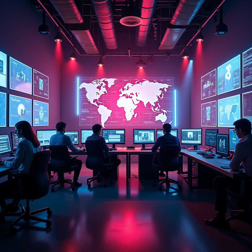 Futuristic AI video production studio with high-tech screens displaying AI algorithms at work, vibrant colors, modern design, and a team of creative professionals collaborating