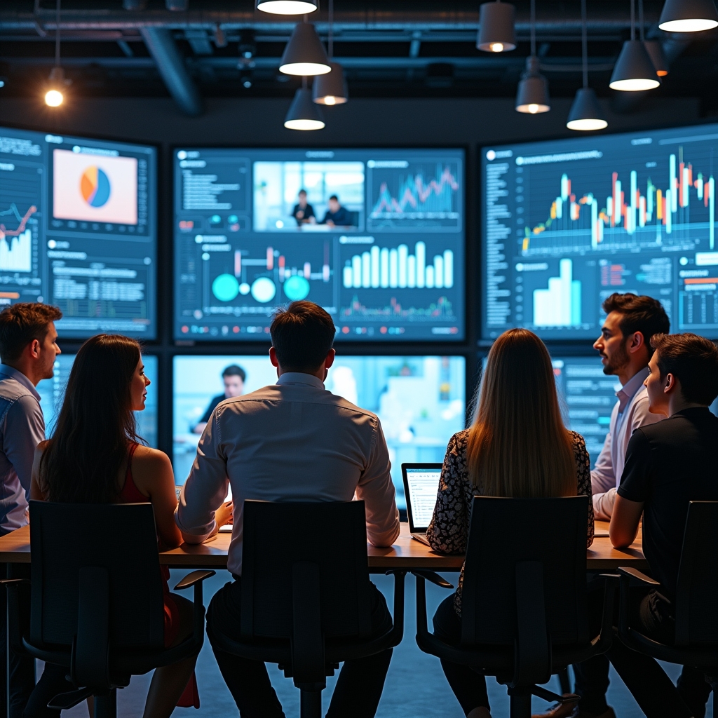 unlocking - Creative team brainstorming in a modern office filled with digital screens showing dynamic video analytics, a div