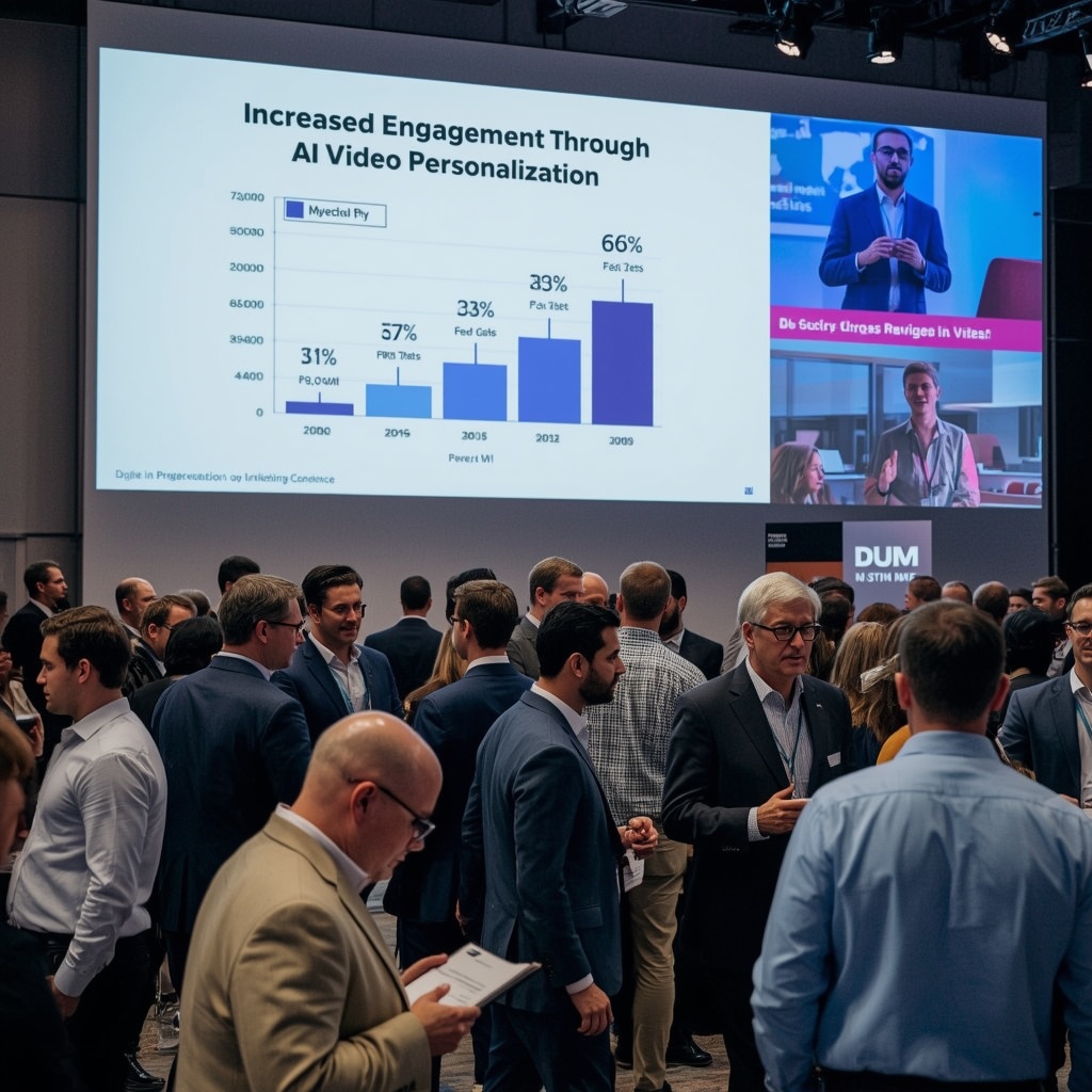 A digital marketing conference with a large display showing a graph of increased engagement through AI video personalization, attendees in business casual attire, engaged and taking notes, modern and high-tech ambiance.